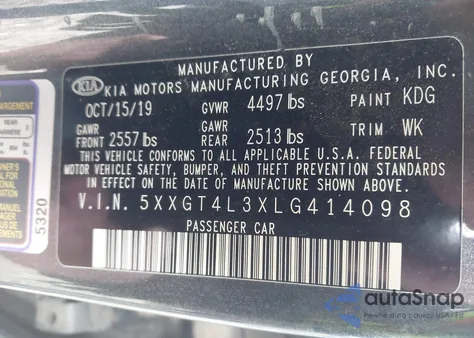 2020 Kia Optima S из США, поврежденный, VIN 5XXGT4L3XLG414098